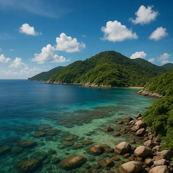 Enjoy an online jigsaw puzzle designed for browser play, featuring a serene coastal nature scene with vivid sea and forested hills.
