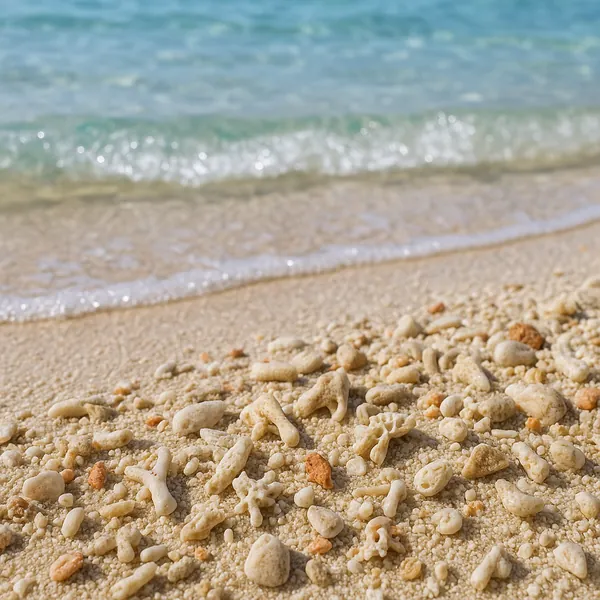 Enjoy an online jigsaw puzzle designed for browser play, featuring a close-up coastal scene of coral fragments scattered on warm sand beside a turquoise sea.