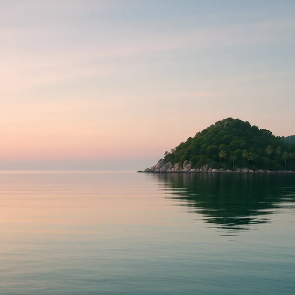 Enjoy an online jigsaw puzzle designed for browser play, featuring a tranquil nature scene of a small, tree-covered island set against a pastel seascape.
