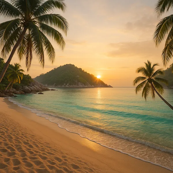 Enjoy an online jigsaw puzzle designed for browser play, featuring a tranquil tropical beach at sunset that celebrates nature and seaside beauty.