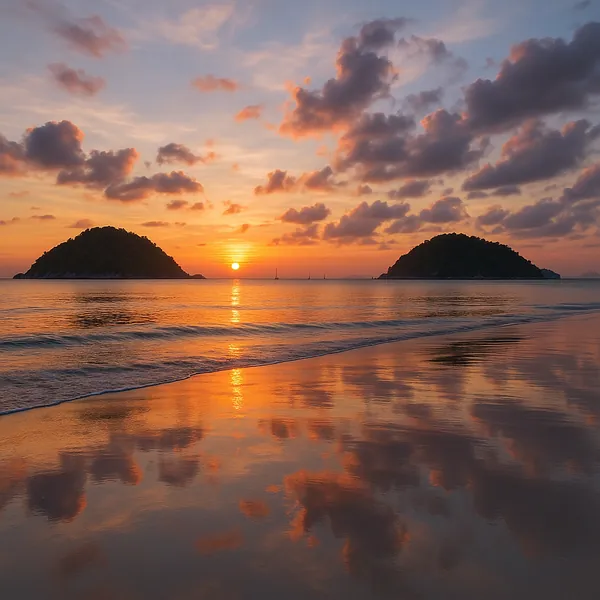 Enjoy an online jigsaw puzzle designed for browser play, featuring a tranquil beach sunset and two small islands on the horizon.