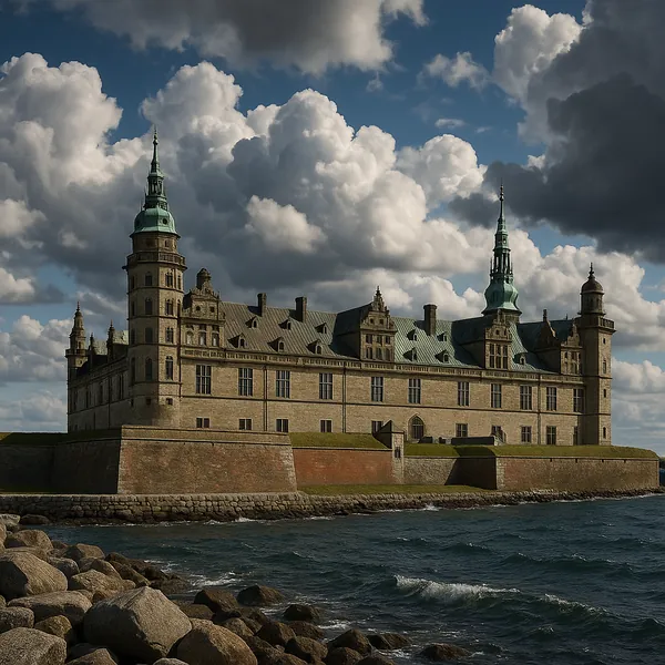 Enjoy an online jigsaw puzzle designed for browser play, featuring a dramatic coastal castle and its turrets framed against a sky full of rolling clouds.