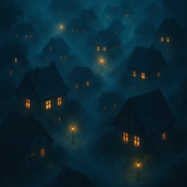 Play an online jigsaw puzzle in your browser that shows a misty, lantern-lit village at night — a cozy, atmospheric scene of timbered houses and winding lanes.