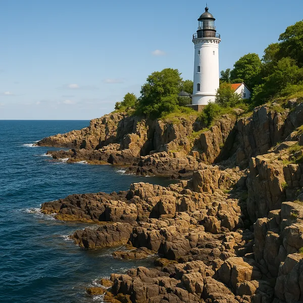 Enjoy an online jigsaw puzzle designed for browser play, featuring a classic lighthouse standing guard above a rocky coastline.