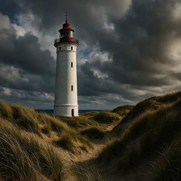 Enjoy an online jigsaw puzzle designed for browser play, featuring a dramatic coastal landscape with a classic lighthouse standing tall among windswept dunes.