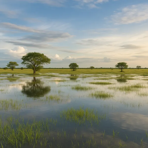 Enjoy an online jigsaw puzzle designed for browser play, featuring a serene nature scene of flooded grasslands dotted with solitary trees and reflective pools.