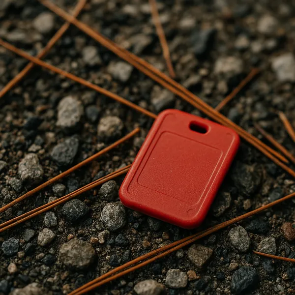Enjoy an online jigsaw puzzle designed for browser play, featuring a close-up still life of a small red plastic tag resting on a rocky forest floor.