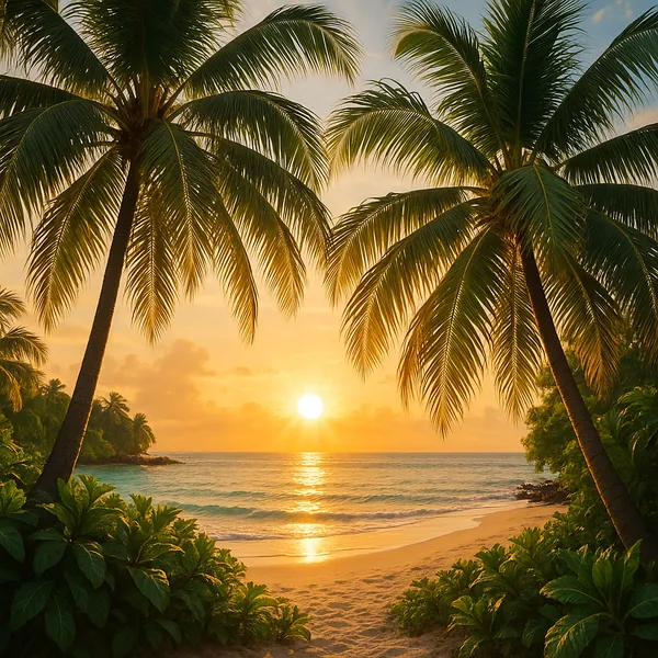 Enjoy an online jigsaw puzzle designed for browser play, featuring a tranquil tropical beach at sunset and a lush nature scene.