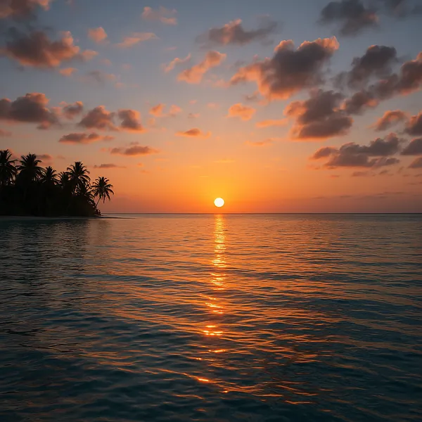 Here’s an online jigsaw puzzle you can play in your browser, featuring a tranquil tropical sunset over the sea and a silhouetted palm-lined shore.