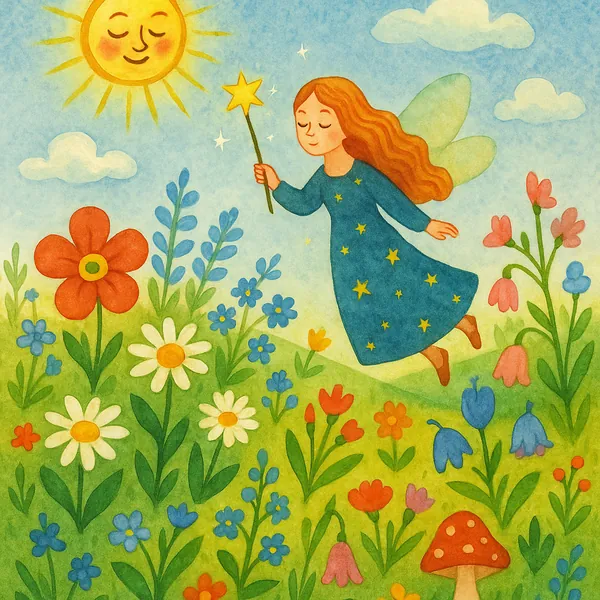 Enjoy an online jigsaw puzzle designed for browser play, featuring a whimsical nature scene with a flying fairy over a sunny wildflower meadow.