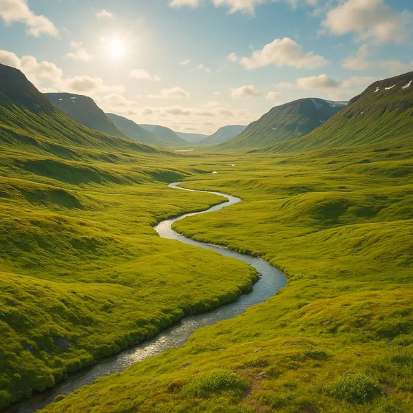 Enjoy an online jigsaw puzzle designed for browser play, featuring a tranquil nature scene of a meandering river cutting through a lush green valley.
