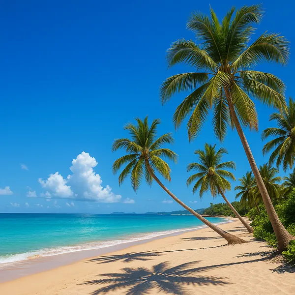 Enjoy an online jigsaw puzzle designed for browser play, featuring a tranquil tropical beach scene with swaying palm trees and turquoise sea.