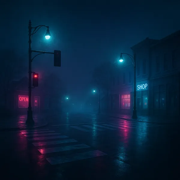 Enjoy an online jigsaw puzzle designed for browser play, featuring a moody urban night scene of a quiet city street.