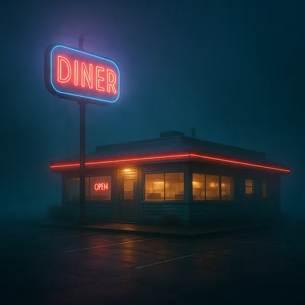 Enjoy an online jigsaw puzzle designed for browser play, featuring a lone retro diner bathed in neon glow and nighttime atmosphere.