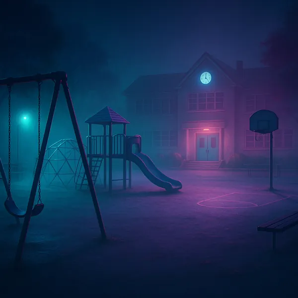 Here’s an online jigsaw puzzle you can play in your browser, focused on a quiet nighttime playground scene in front of a school.