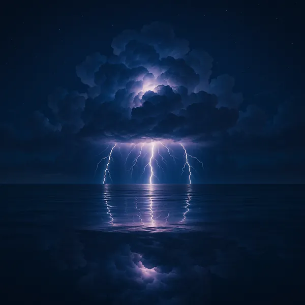 Enjoy an online jigsaw puzzle designed for browser play, featuring a dramatic nature scene of a nighttime thunderstorm over the sea.