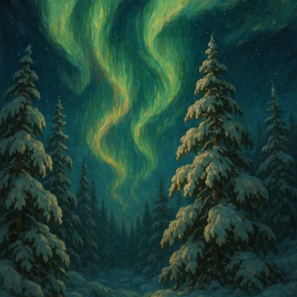 Enjoy an online jigsaw puzzle designed for browser play, featuring a tranquil winter nature scene beneath a glowing aurora.