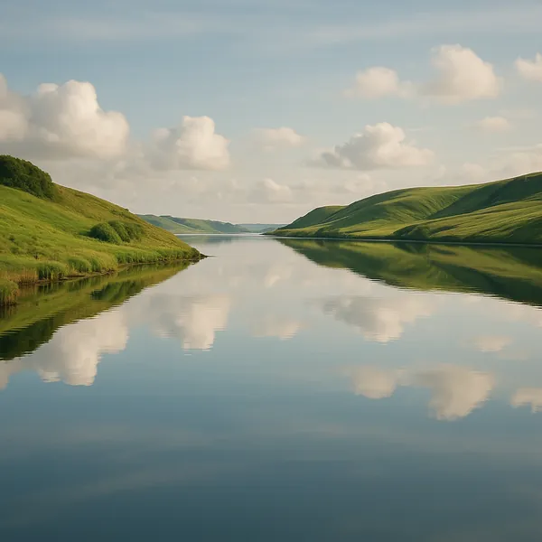 Enjoy an online jigsaw puzzle designed for browser play, featuring a serene nature scene of rolling green hills beside a glassy lake.