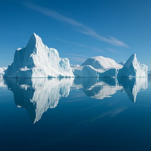 Enjoy an online jigsaw puzzle designed for browser play, featuring towering icebergs set against a clear blue sky and mirrored in glassy Arctic waters — a seren