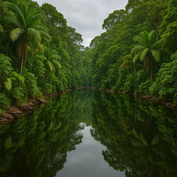 Enjoy an online jigsaw puzzle designed for browser play, featuring a lush nature scene of a tropical river flanked by dense rainforest.