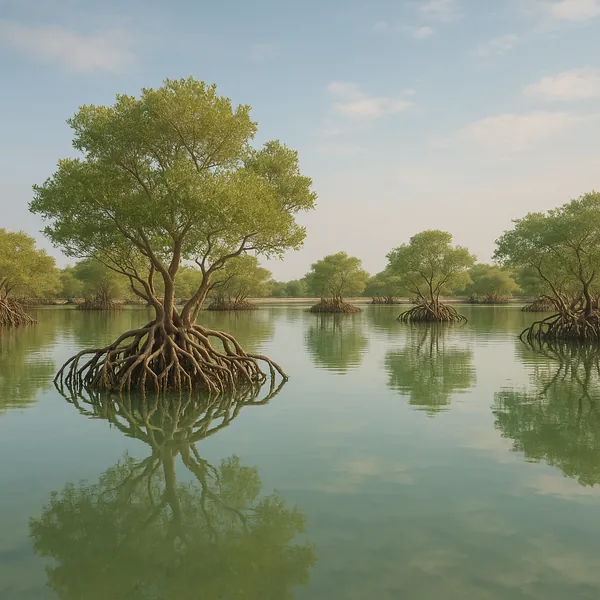 Here’s an online jigsaw puzzle you can play in your browser, focused on a serene nature scene of mangrove trees rising from calm waters.