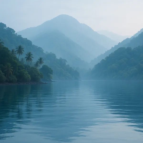 Enjoy an online jigsaw puzzle designed for browser play, featuring a tranquil nature scene of misty mountains and a glassy lake.