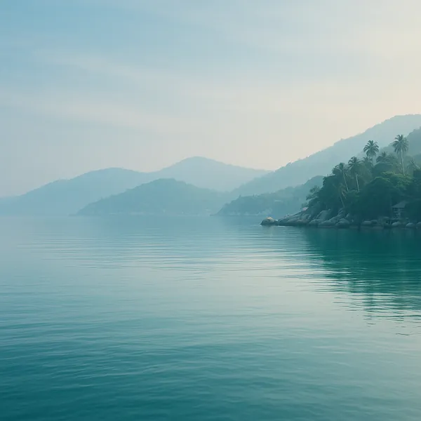 Enjoy an online jigsaw puzzle designed for browser play, featuring a tranquil coastal seascape and misty mountain silhouettes.