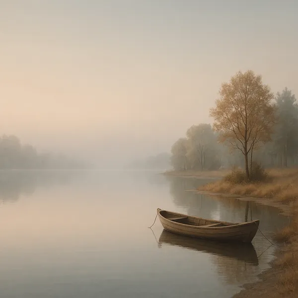 Enjoy an online jigsaw puzzle designed for browser play, featuring a tranquil lakeside nature scene with a lone wooden rowboat moored at the shore.