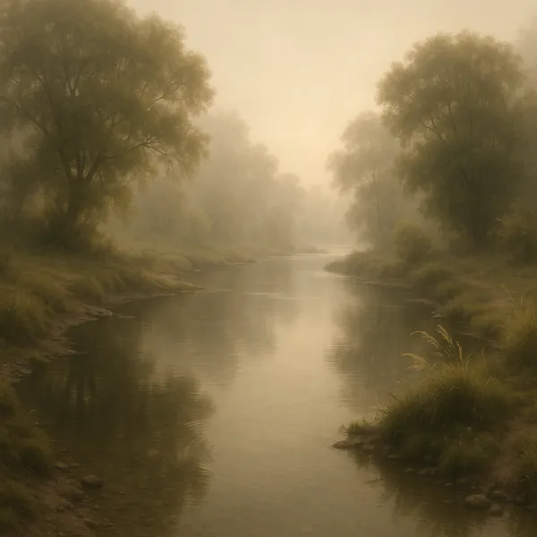 Enjoy an online jigsaw puzzle designed for browser play, featuring a tranquil riverscape enveloped in soft morning mist and lush trees.