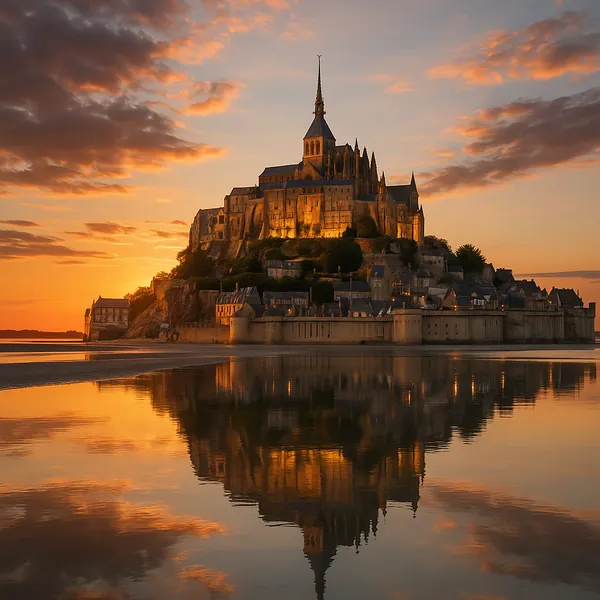 This online jigsaw puzzle features a dramatic coastal castle and village set against a radiant sunset, perfect for lovers of architecture and nature.