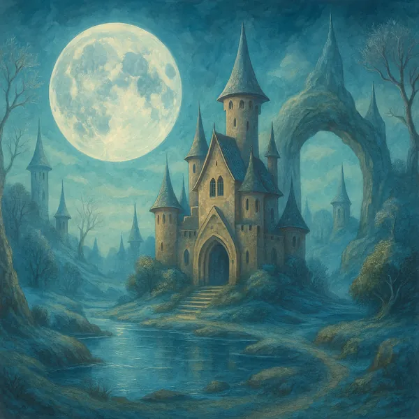 Enjoy an online jigsaw puzzle designed for browser play, featuring a moonlit fantasy castle set in a misty, otherworldly landscape.