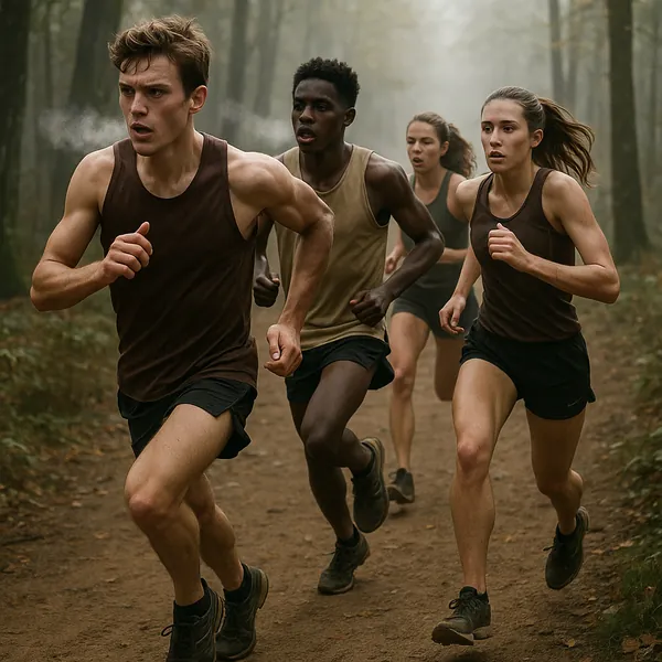 Enjoy an online jigsaw puzzle designed for browser play, featuring a lively outdoor sports scene with runners in a misty forest.