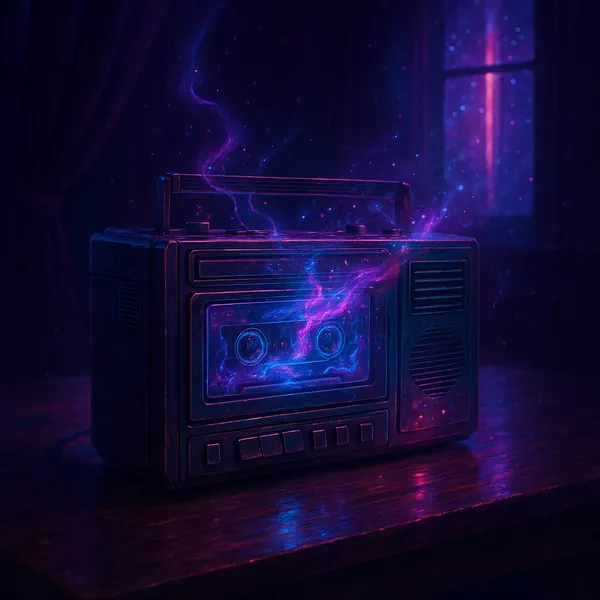Enjoy an online jigsaw puzzle designed for browser play, featuring a retro cassette boombox illuminated by cosmic light — a soothing mix of music and vintage te