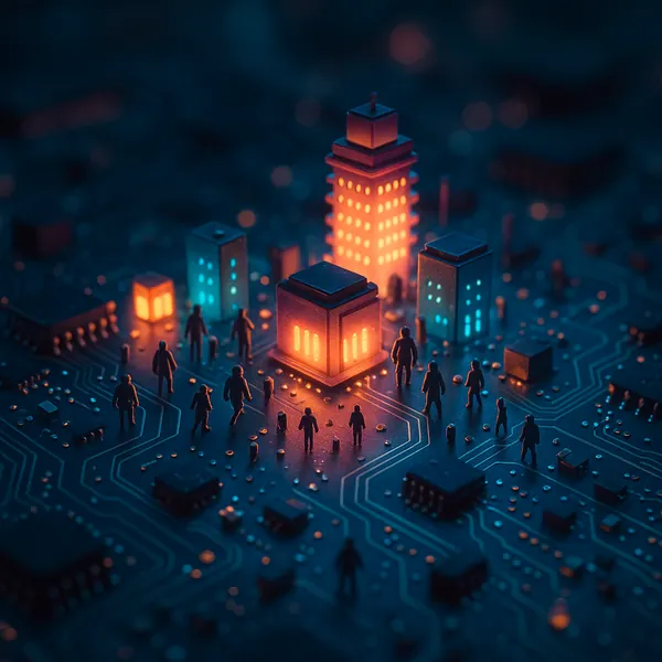 Play an online jigsaw puzzle in your browser that shows a tiny, glowing cityscape set atop a circuit board, blending themes of city and technology.