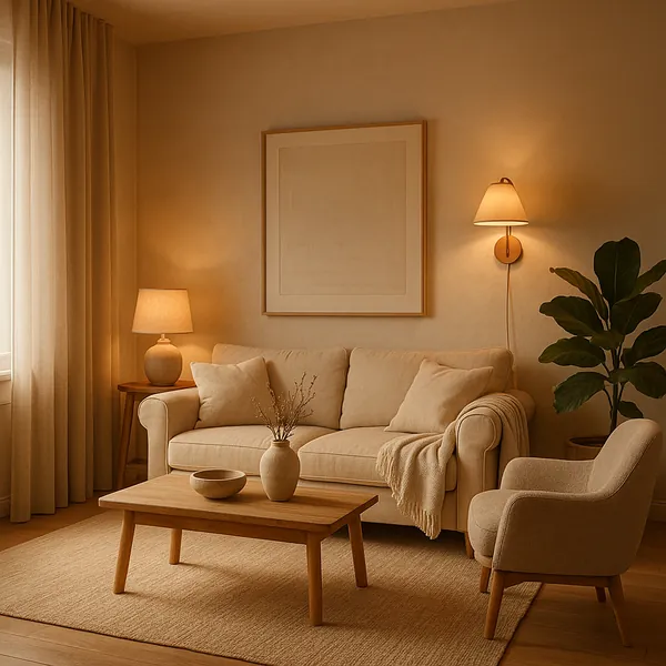 This online jigsaw puzzle features a cozy living room scene you can play right in your browser, centered on warm home interior styling and calm, neutral tones.