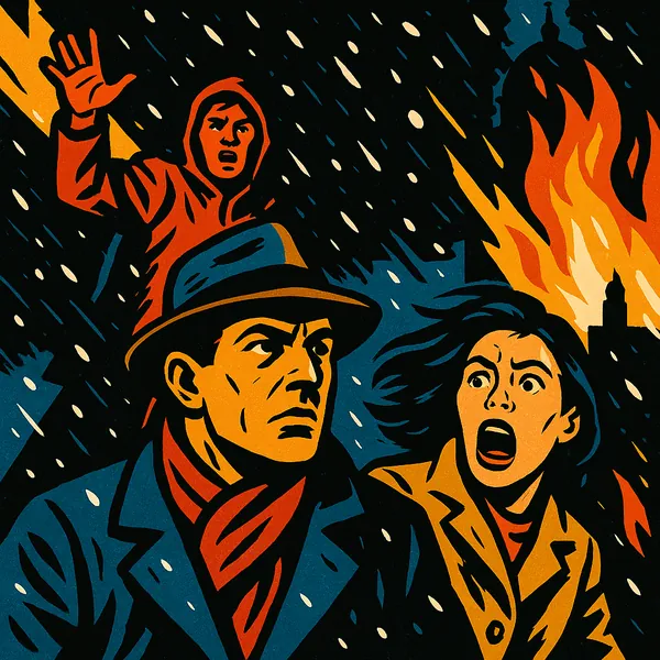 Here’s an online jigsaw puzzle you can play in your browser, featuring a dramatic, retro-style scene of people fleeing a fiery city — a vivid mix of newsprint i