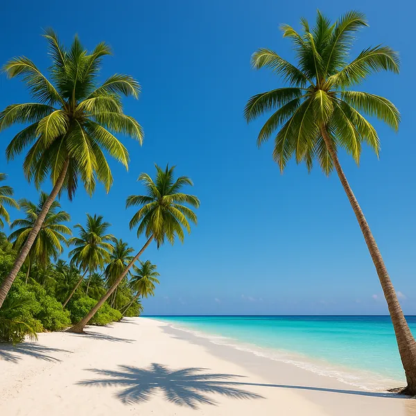 Enjoy an online jigsaw puzzle designed for browser play, featuring a sun-drenched tropical beach scene with swaying palms and crystal-clear water.