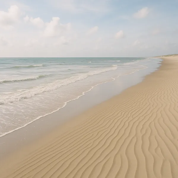 Enjoy an online jigsaw puzzle designed for browser play, featuring a serene coastal scene of soft sand and calm sea.