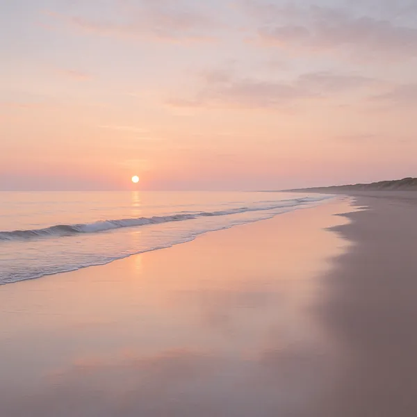 Enjoy an online jigsaw puzzle designed for browser play, featuring a tranquil beach sunset in a soft pastel palette.