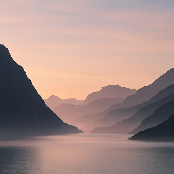 This online jigsaw puzzle features a serene mountain fjord at dawn, perfect for lovers of nature and peaceful landscapes.