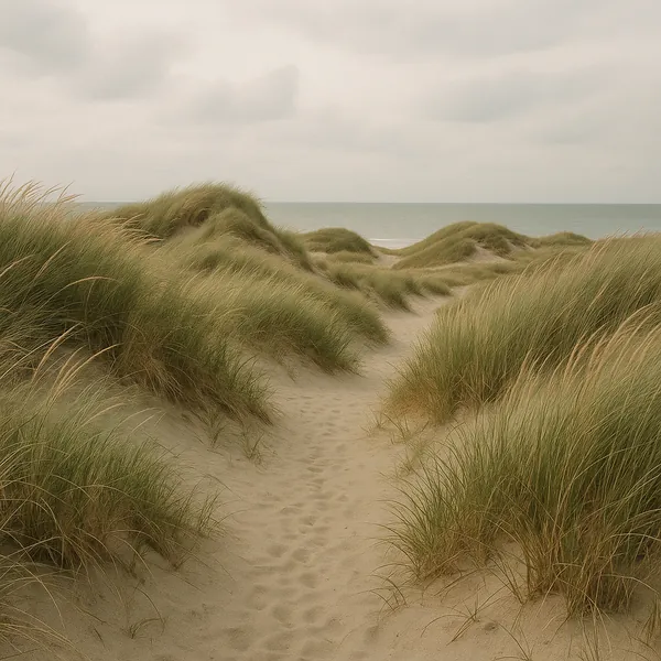 Enjoy an online jigsaw puzzle designed for browser play, featuring a serene coastal scene of sand dunes and windswept beach grass.