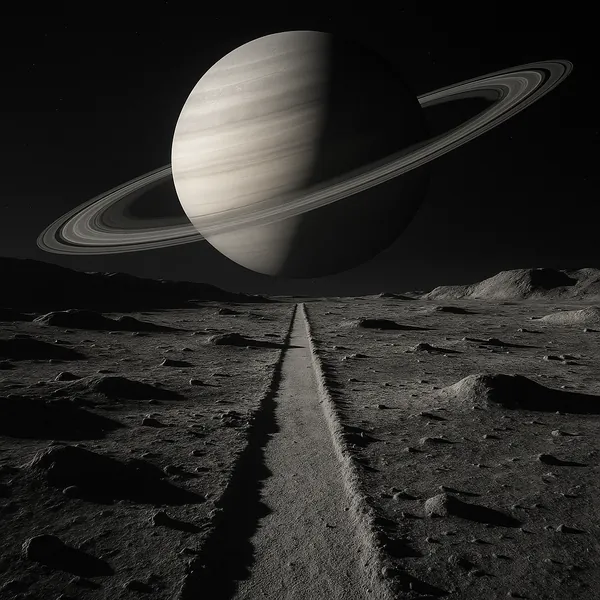 Enjoy an online jigsaw puzzle designed for browser play, featuring a striking space scene of a ringed planet rising over a barren lunar landscape.
