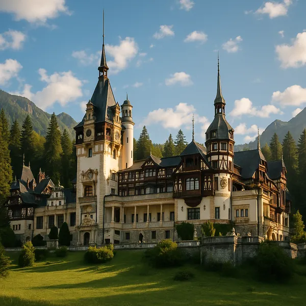Enjoy an online jigsaw puzzle designed for browser play, featuring a grand mountain castle set against a backdrop of forested peaks and open green lawns.