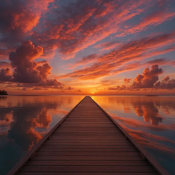 Enjoy an online jigsaw puzzle designed for browser play, featuring a striking sunset over a tranquil sea and a wooden jetty leading toward the horizon.
