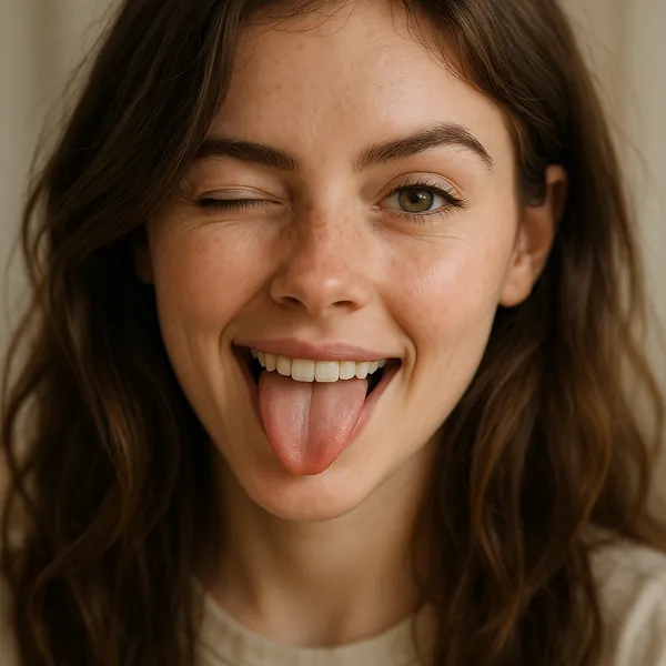 Enjoy an online jigsaw puzzle designed for browser play, featuring a playful close-up portrait of a smiling young woman.