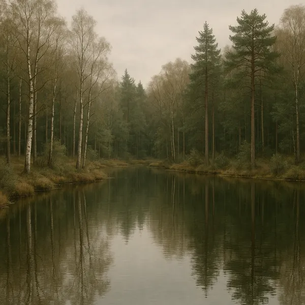 This online jigsaw puzzle features a tranquil nature scene of a misty river flowing through a quiet forest, perfect for browser play.