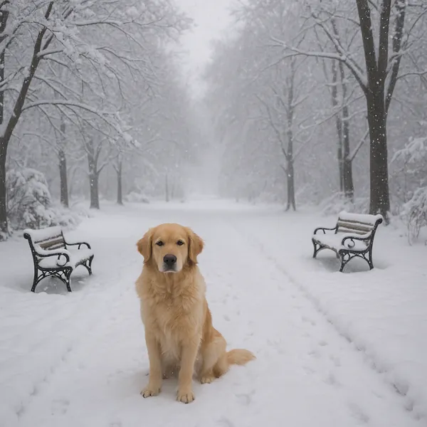 This online jigsaw puzzle features a golden retriever sitting in a snow-covered park, blending animal charm with a serene nature scene you can enjoy in your bro