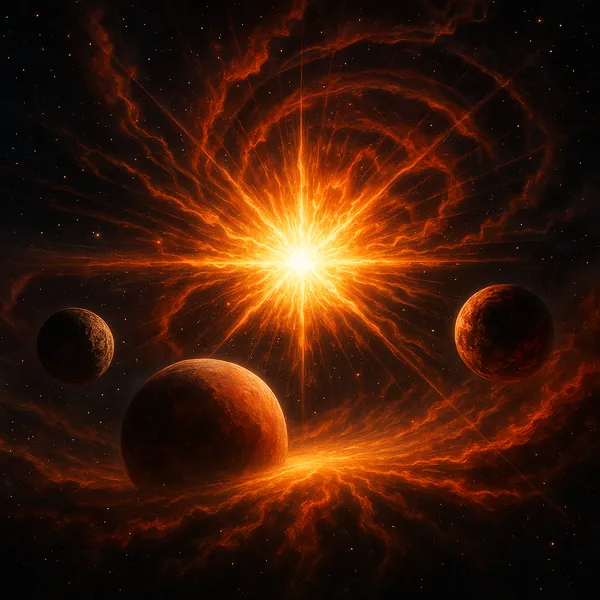 Enjoy an online jigsaw puzzle designed for browser play, featuring a dramatic space scene of fiery nebulae and planets.