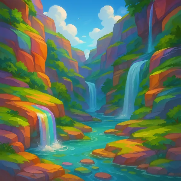 Enjoy an online jigsaw puzzle designed for browser play, featuring a vibrant nature scene of cascading waterfalls set in a sunlit canyon.