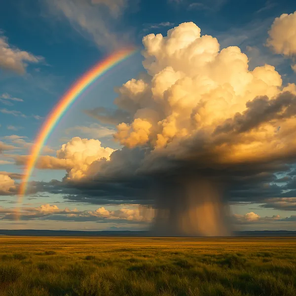 Enjoy an online jigsaw puzzle designed for browser play, featuring a dramatic nature scene of a rainbow arching over storm clouds.